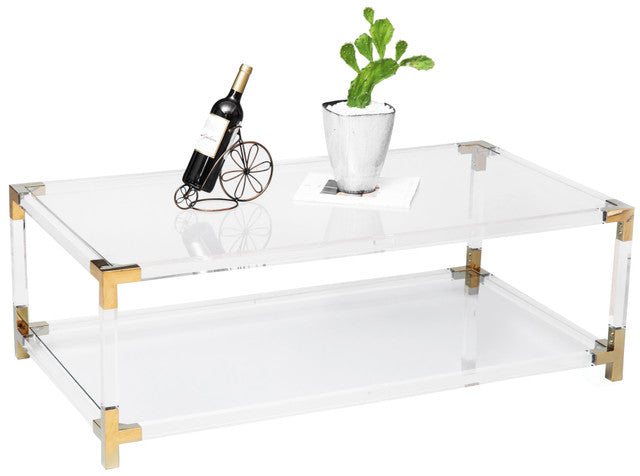Fabulaxe Rectangular Acrylic Modern Gold Metal Coffee Table with Tempered Glass and Shelf
