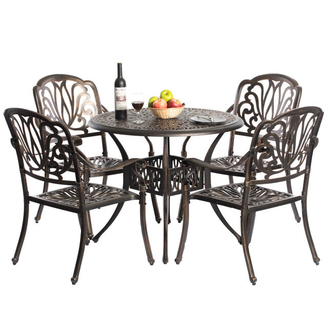 Gardenised Indoor and Outdoor Bronze Dinning Set 4 Chairs with 1 Table Bistro Patio Cast Aluminum