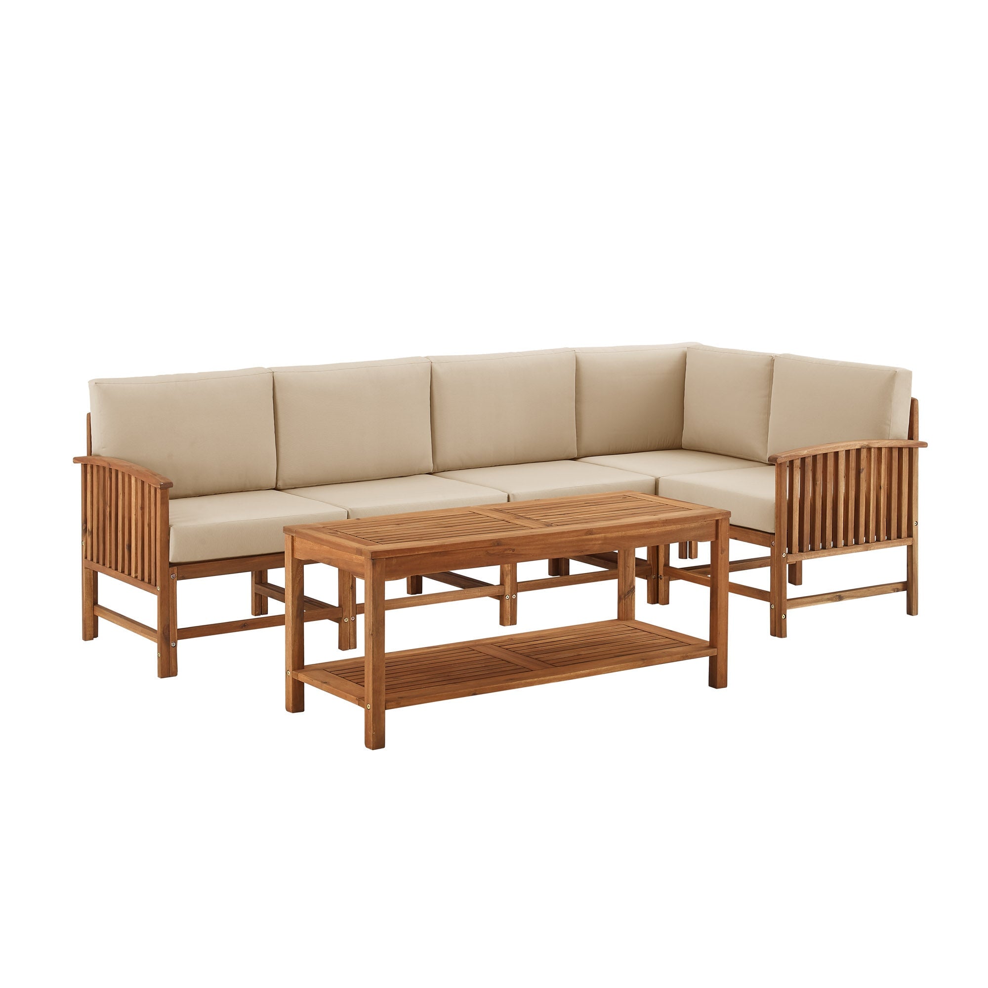 Walker Edison Midland 6-Piece Transitional Slatted Acacia Outdoor Corner Sectional with Coffee Table