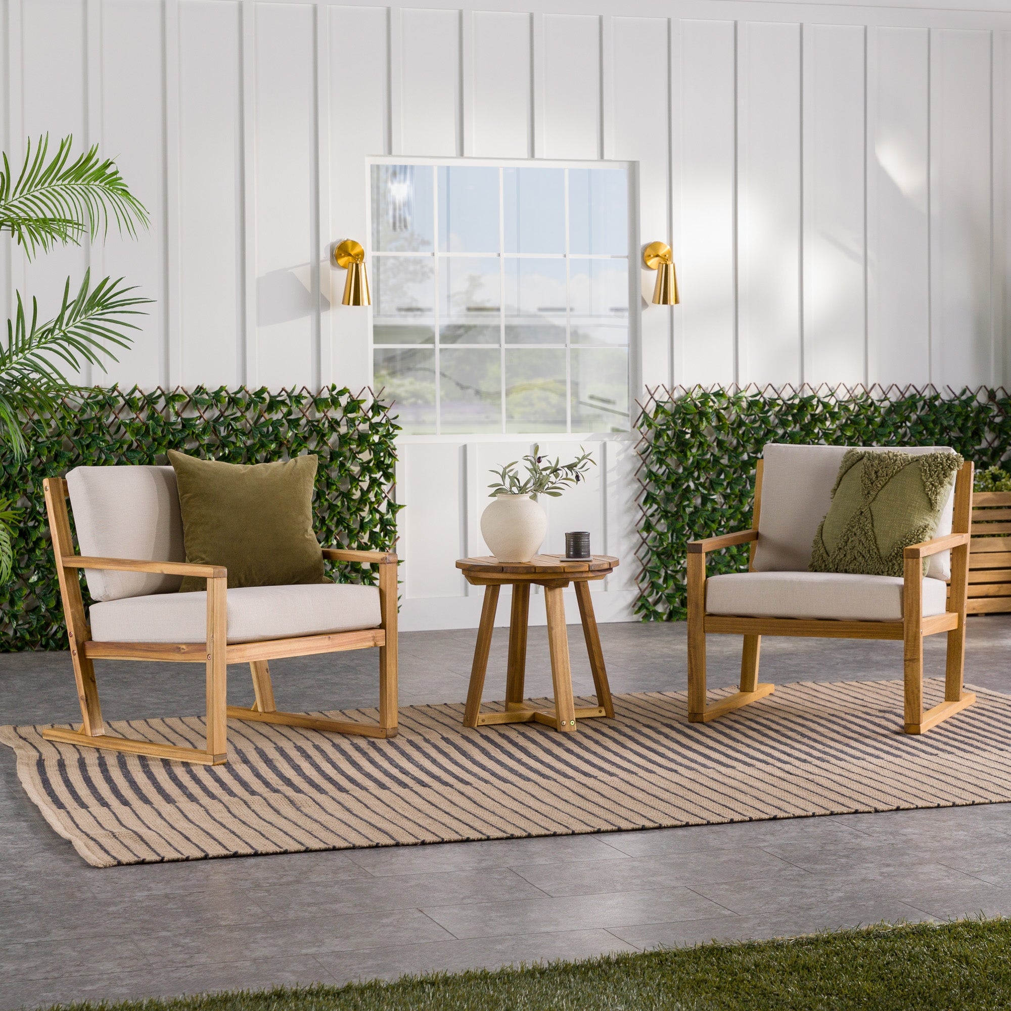 Walker Edison Prenton 3-Piece Modern Acacia Outdoor Slatted Chat Set with Side Table