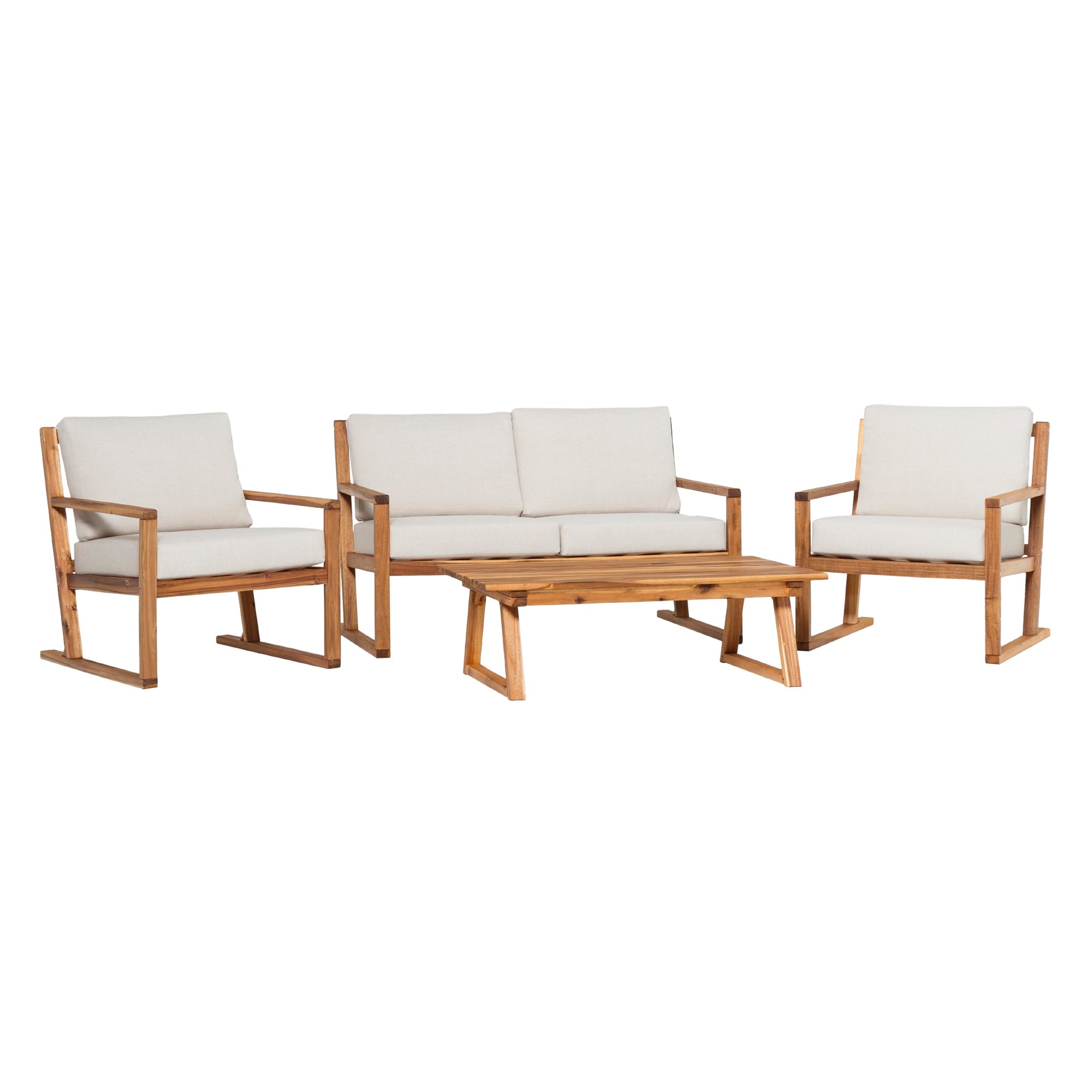 Walker Edison Prenton 4-Piece Modern Acacia Outdoor Slatted Chat Set with Coffee Table