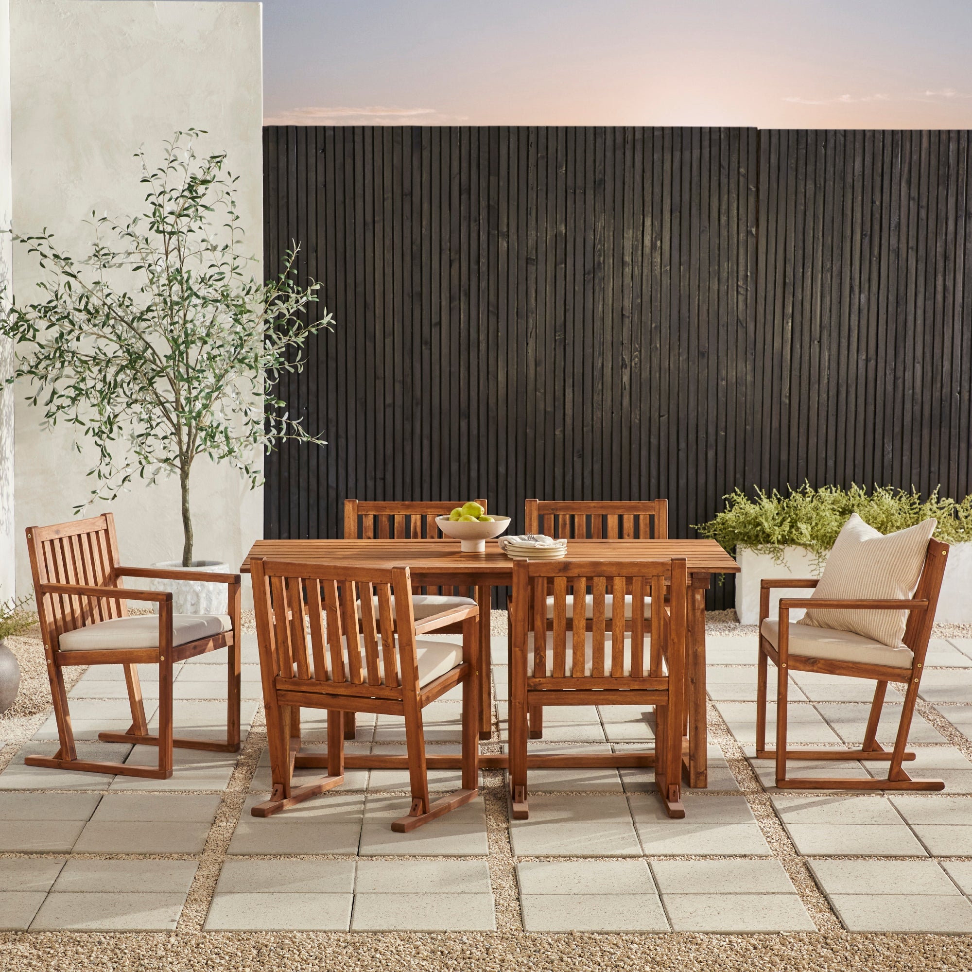 Walker Edison Prenton 7-Piece Modern Solid Wood Geometric Outdoor Dining Set