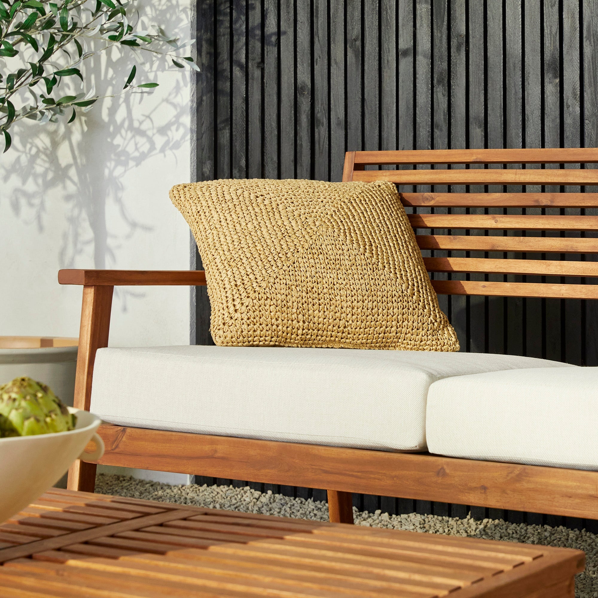 Walker Edison Zander 4-Piece Mid-Century Modern Acacia Outdoor Slat-Back Chat Set with Coffee Table