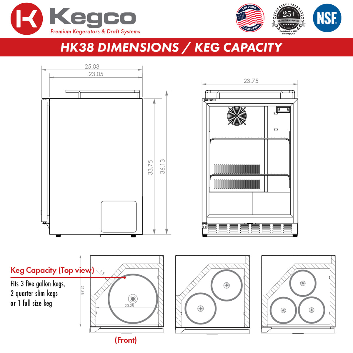 Kegco 24" Wide Kombucha Triple Tap Stainless Steel Commercial Built-In Right Hinge Kegerator