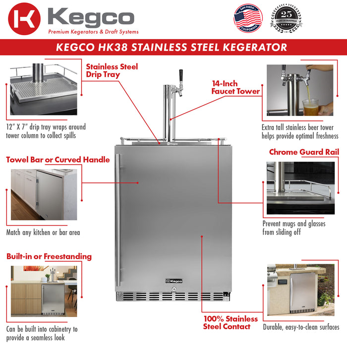 Kegco 24" Wide Kombucha Single Tap Black Commercial Built-In Right Hinge Kegerator