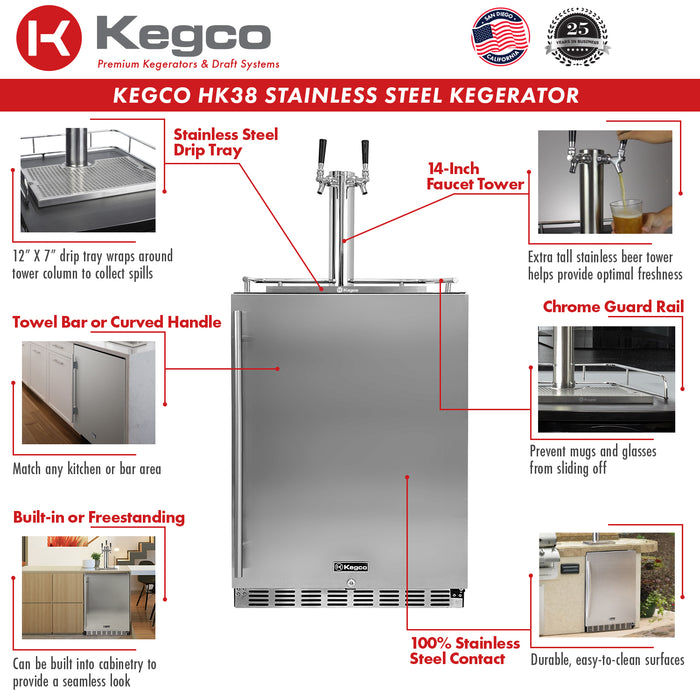 Kegco 24" Wide Dual Tap Stainless Steel Built-In Right Hinge Kegerator with Kit