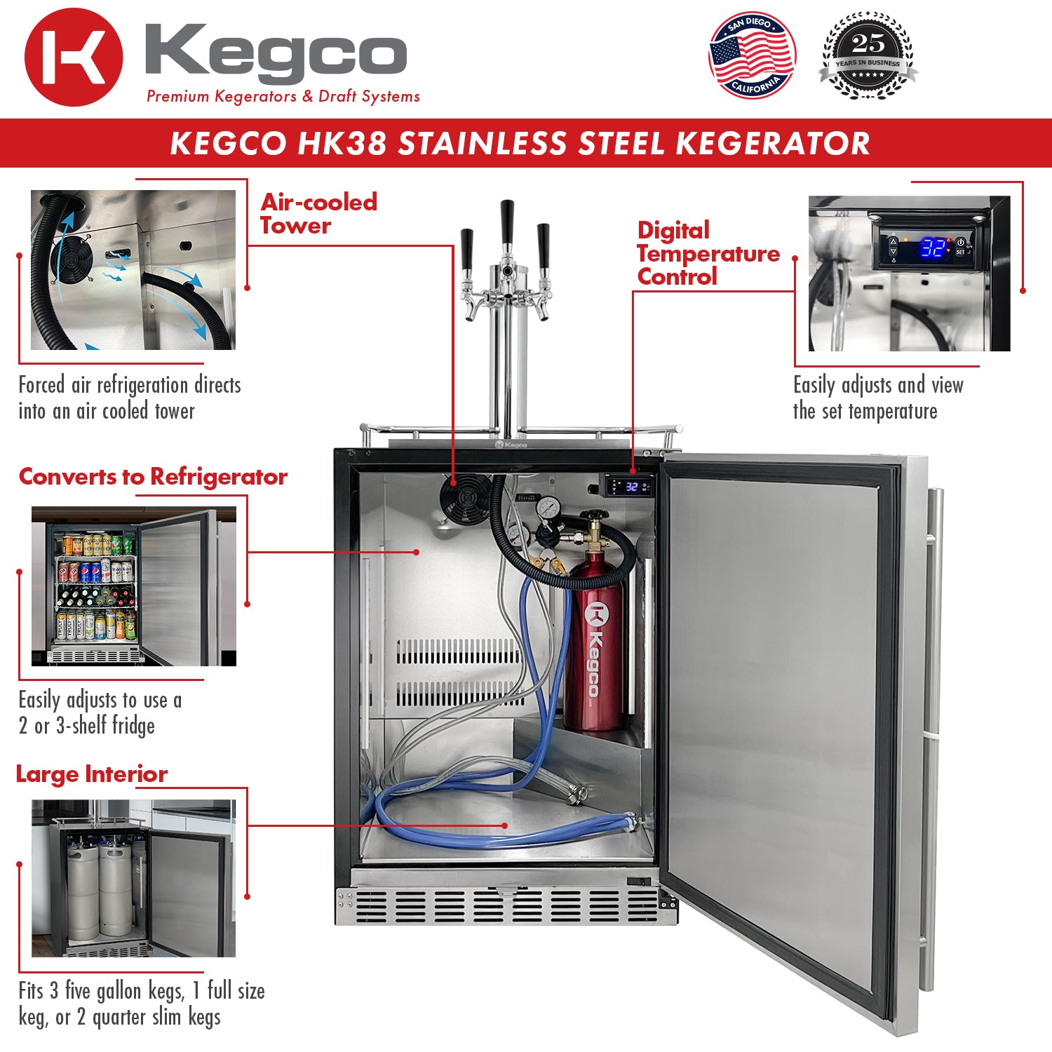 Kegco 24" Wide Kombucha Triple Tap Stainless Steel Commercial Built-In Right Hinge Kegerator