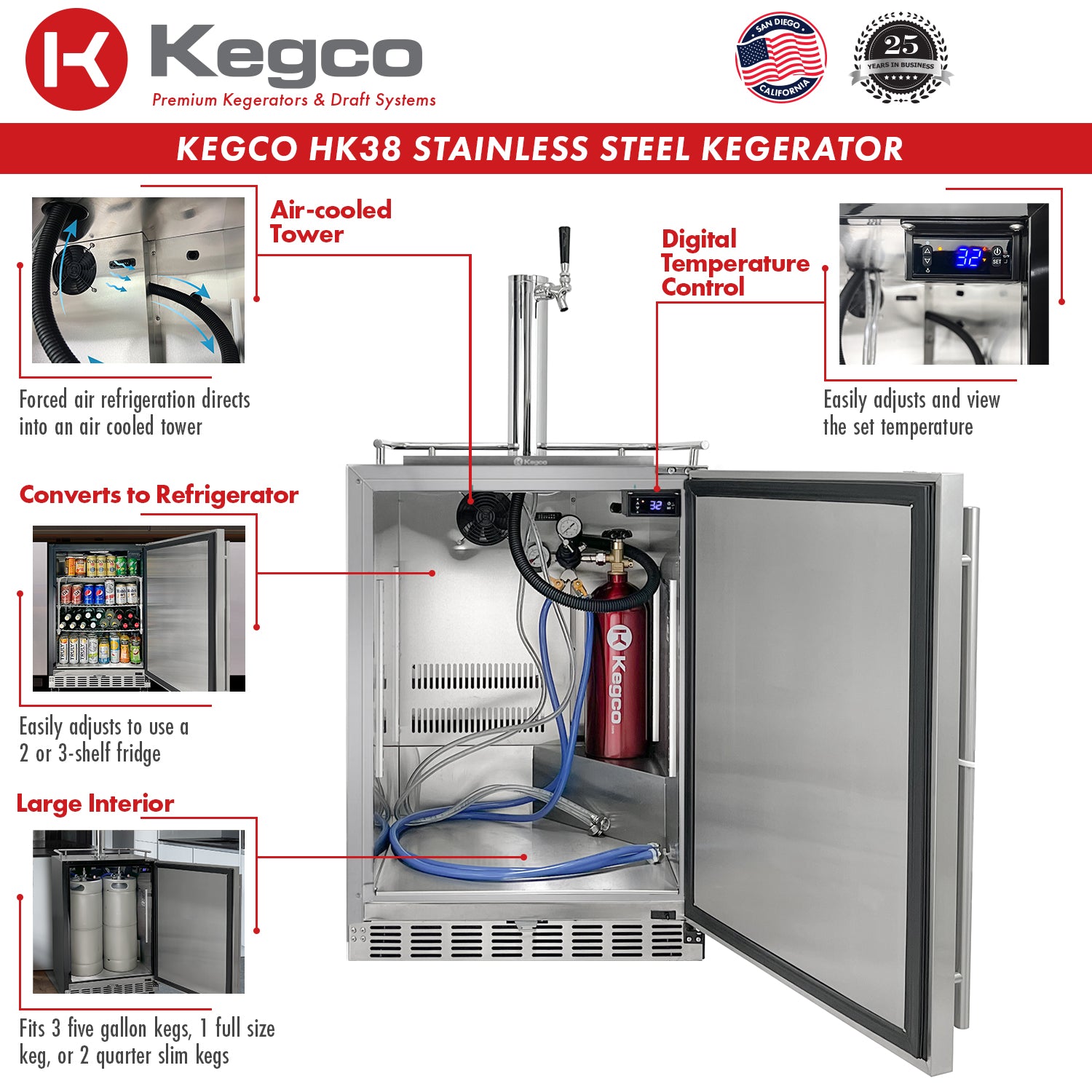 Kegco 24" Wide Single Tap All Stainless Steel Outdoor Built-In Right Hinge Kegerator with Kit