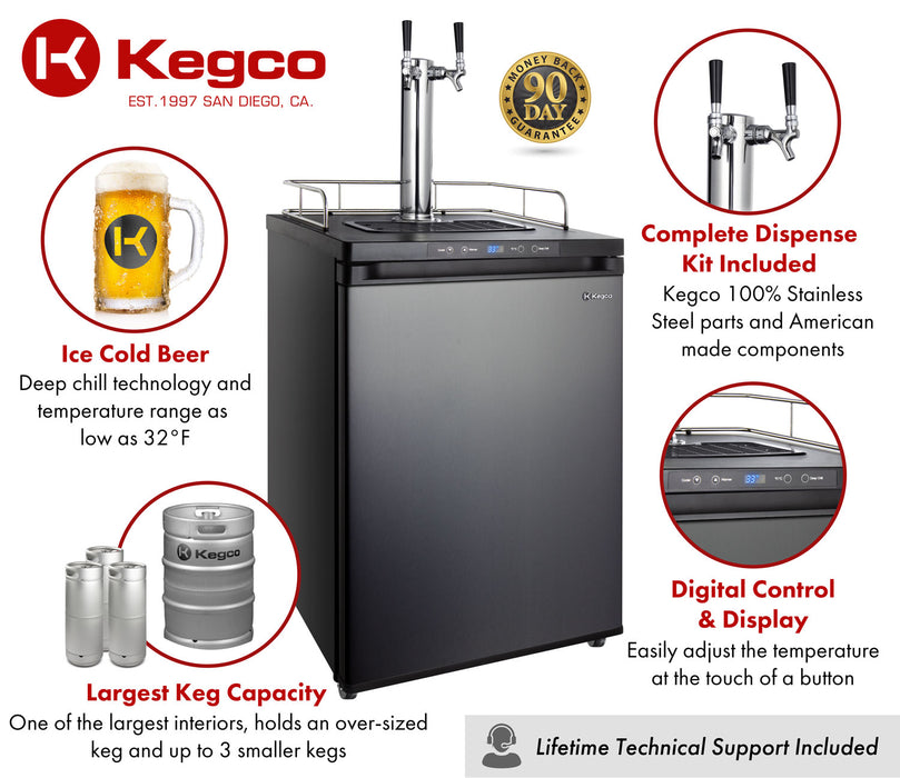 Kegco 24" Wide Dual Tap Black Stainless Steel Digital Kegerator