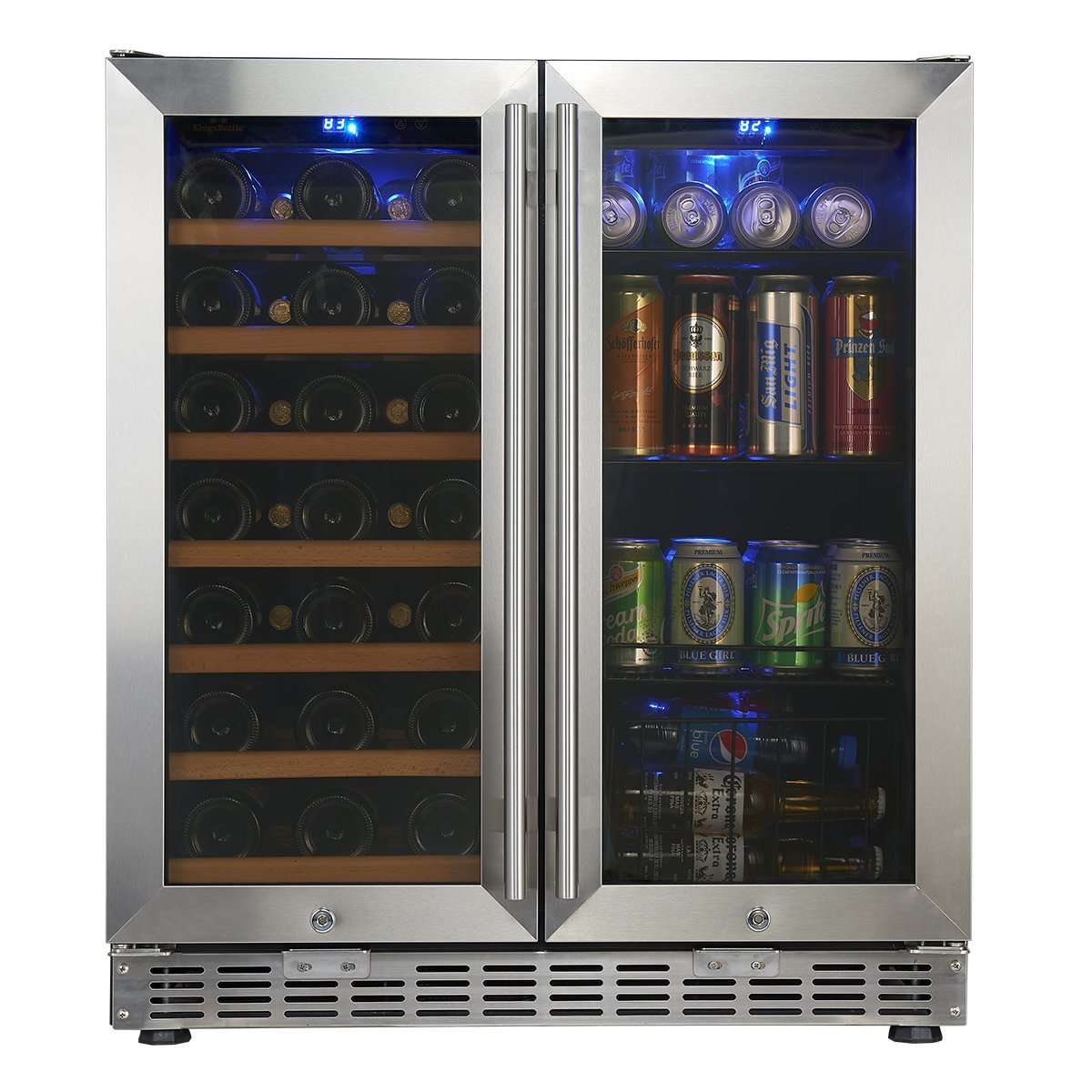 KingsBottle 30" 31-Bottle Wine Cooler and Beverage Fridge Combo with Stainless Steel Trim and Low-E Glass