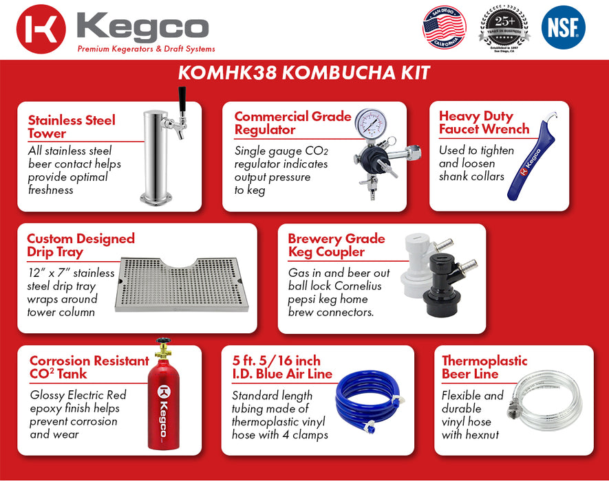 Kegco 24" Wide Kombucha Single Tap Black Commercial Built-In Right Hinge Kegerator