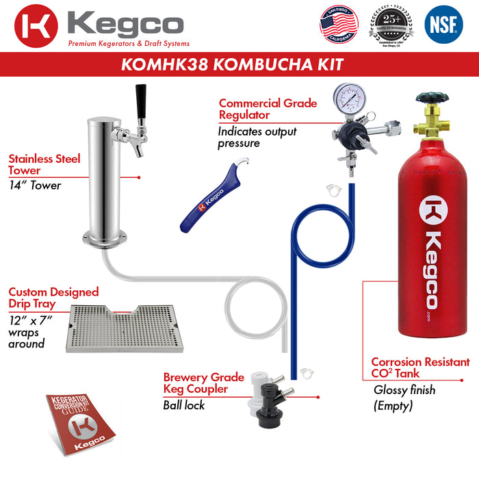 Kegco 24" Wide Kombucha Single Tap Black Commercial Built-In Right Hinge Kegerator