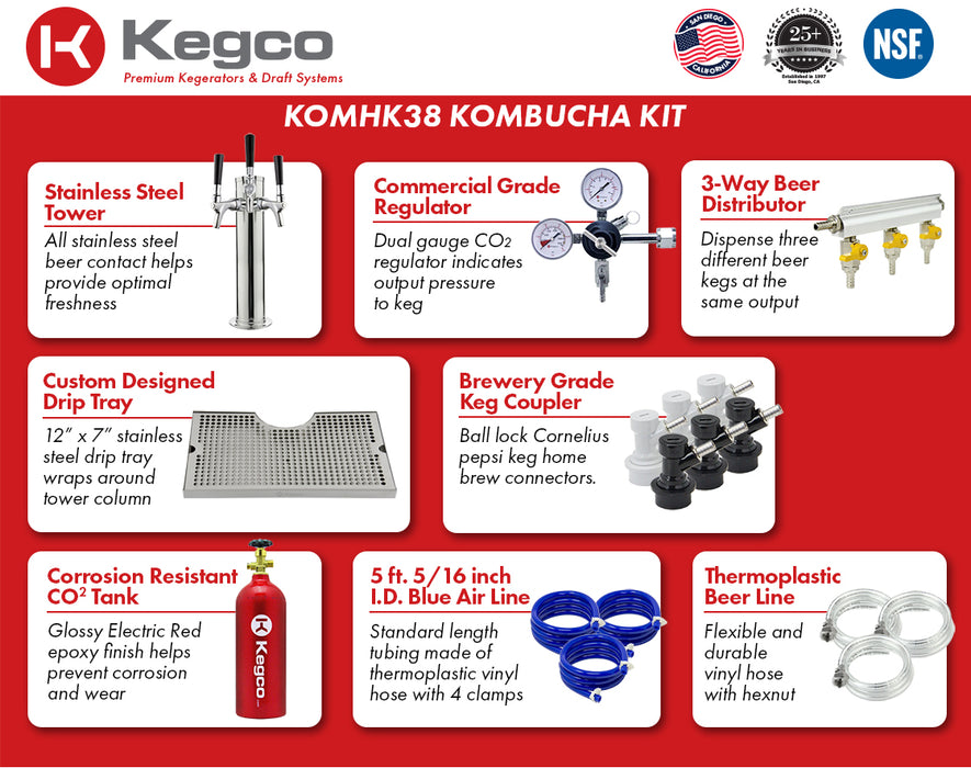 Kegco 24" Wide Kombucha Triple Tap Stainless Steel Commercial Built-In Right Hinge Kegerator