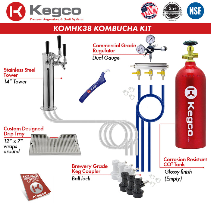 Kegco 24" Wide Kombucha Triple Tap Stainless Steel Commercial Built-In Right Hinge Kegerator