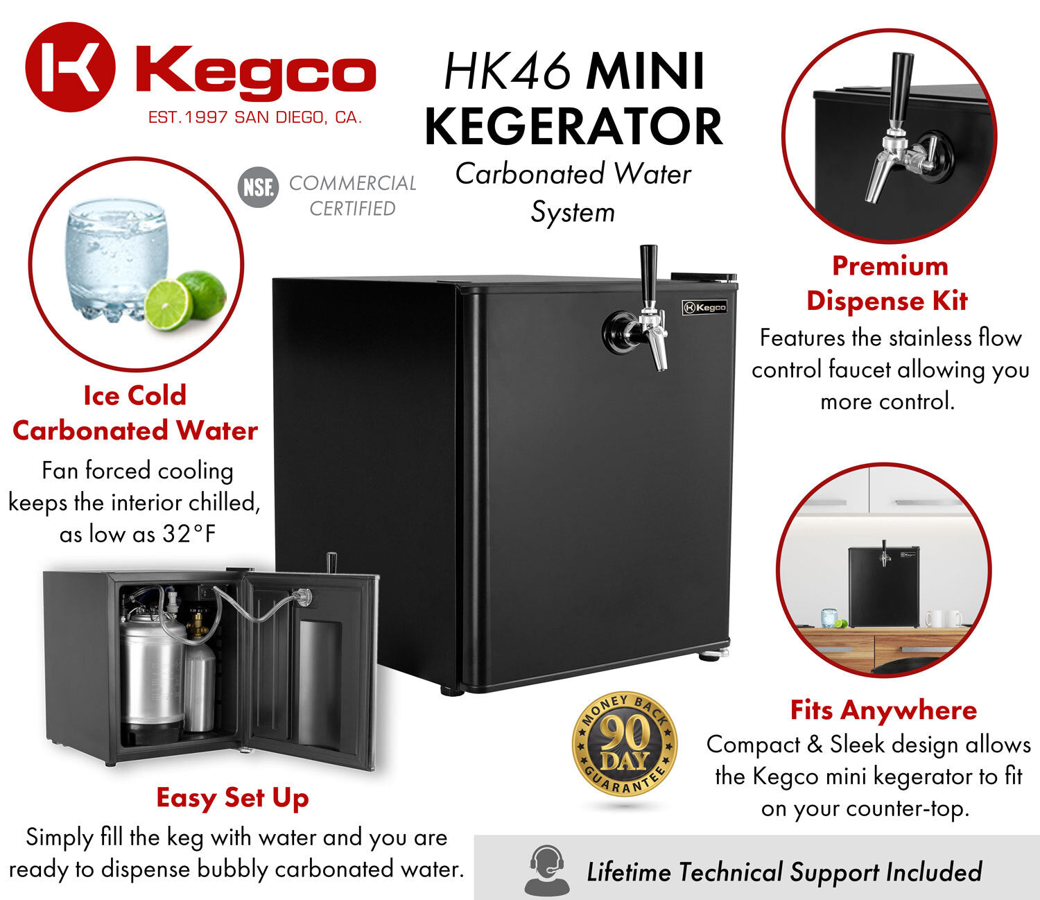 Kegco 17" Wide Carbonated Water Single Tap Black Commercial/Residential Mini Kegerator