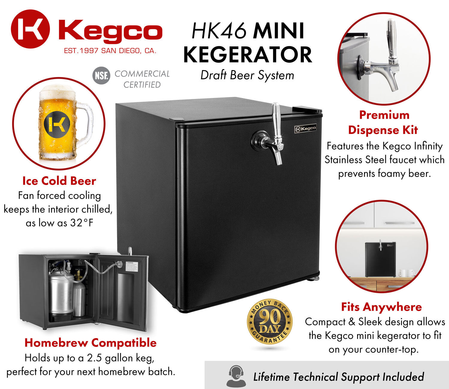 Kegco 17" Wide Draft Beer Single Tap Black Commercial/Residential Mini Kegerator