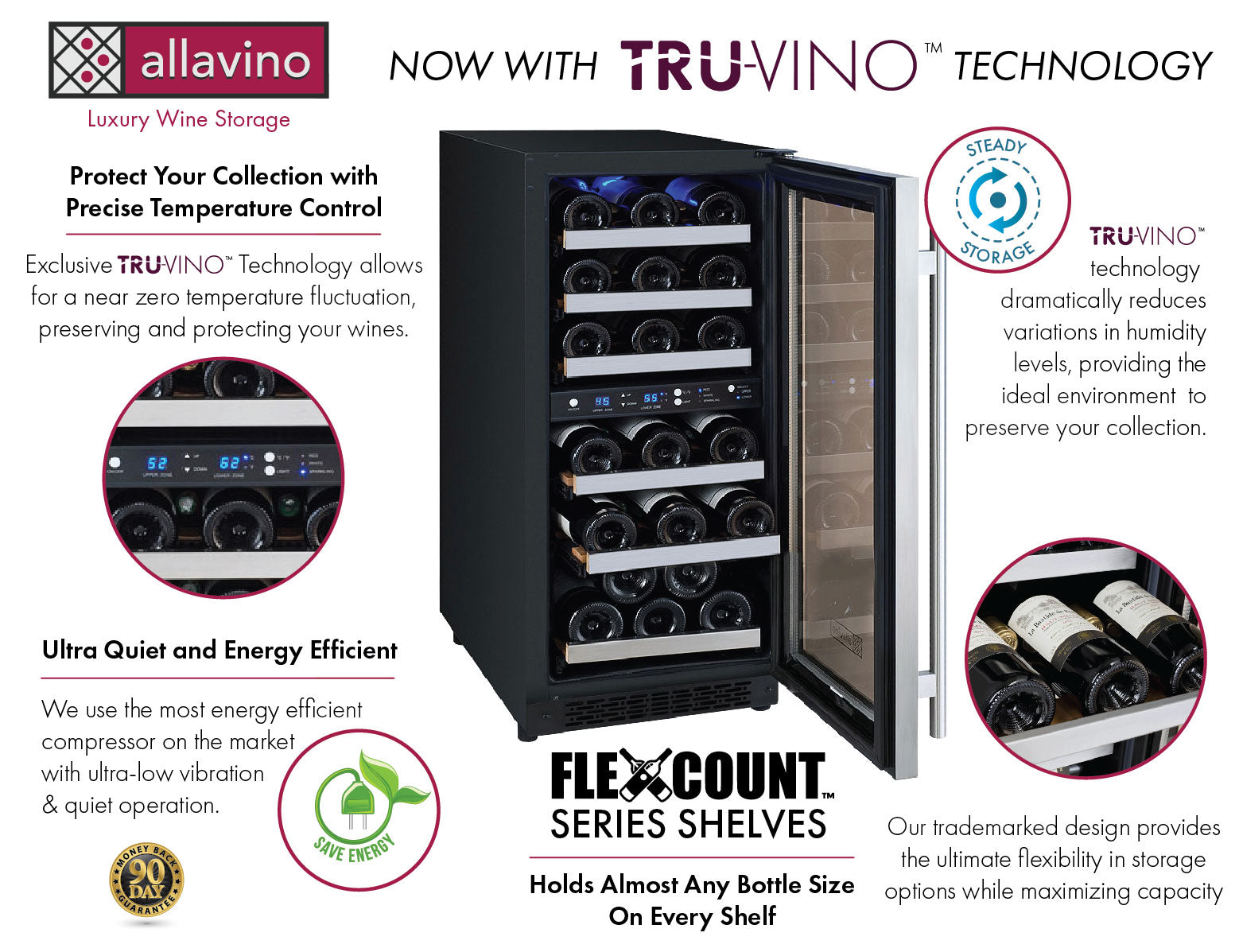 Allavino 15" Wide FlexCount II Tru-Vino 30 Bottle Dual Zone Stainless Steel Right Hinge Wine Refrigerator