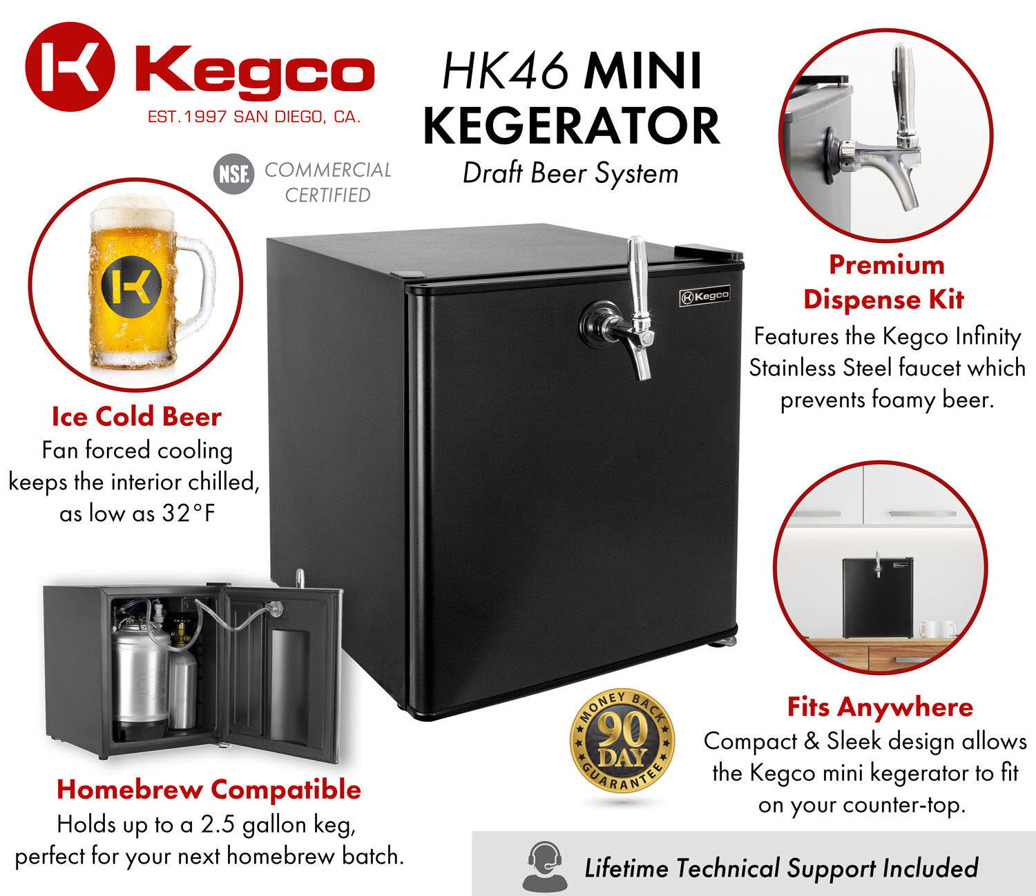 Kegco 17" Wide Draft Beer Single Tap Black Commercial/Residential Mini Kegerator