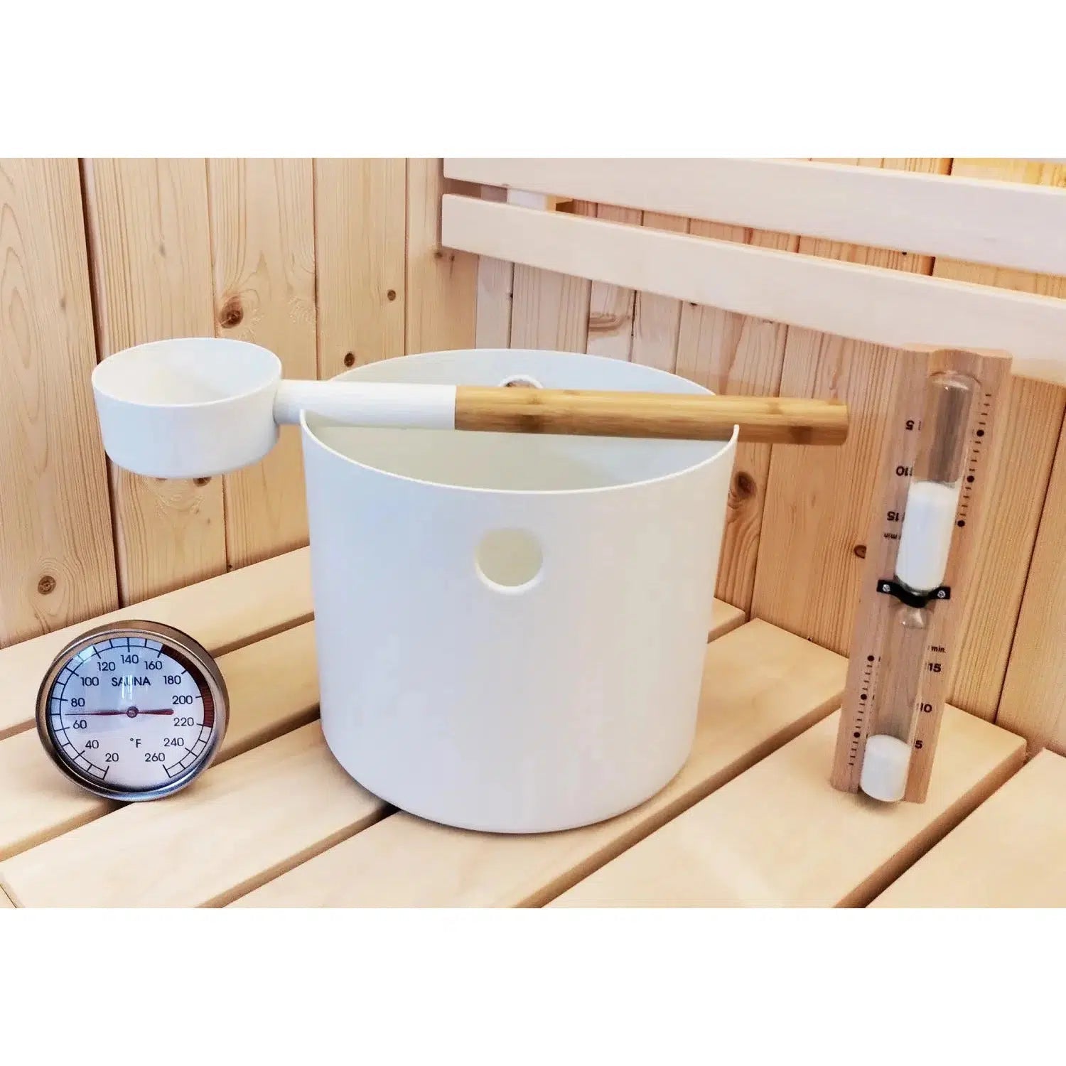 SaunaLife Bucket and Ladle Package 2 Timer, Thermometer w/Premium Bucket & Ladle - Sauna Accessory Package