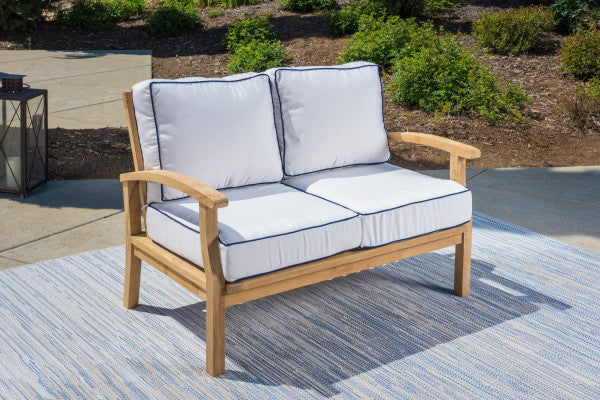 Tortuga Outdoor 6Pc Indonesian Teak 6Pc Loveseat and Fire Table Set, Sunbrella Canvas Canvas