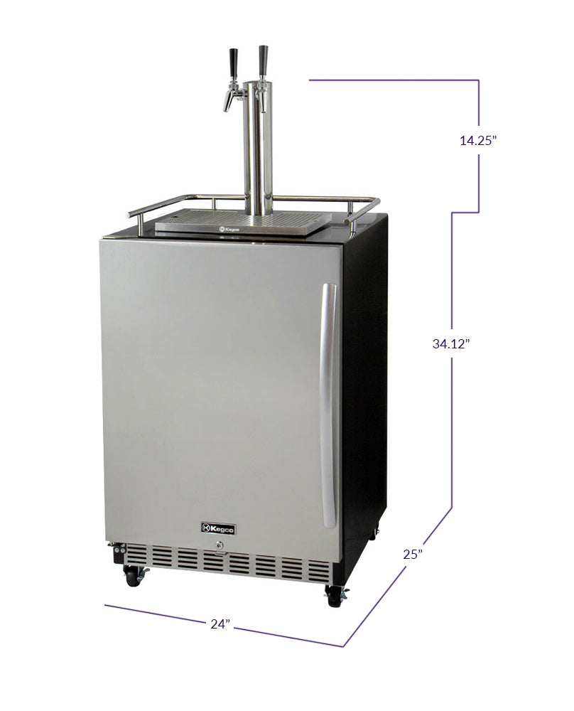 Kegco 24" Wide Dual Tap Stainless Steel Commercial Built-In Left Hinge Kegerator with Kit