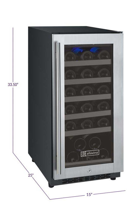 Allavino 15" Wide FlexCount II Tru-Vino 30 Bottle Single Zone Stainless Steel Right Hinge Wine Refrigerator