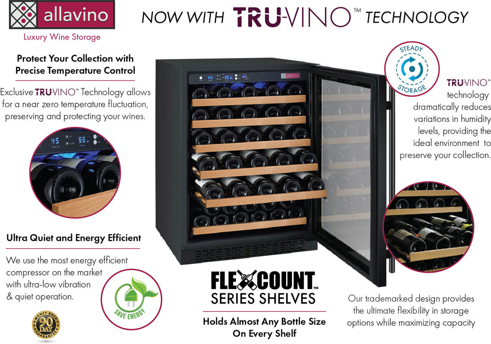 Allavino 24" Wide FlexCount II Tru-Vino 56 Bottle Single Zone Black Right Hinge Wine Refrigerator