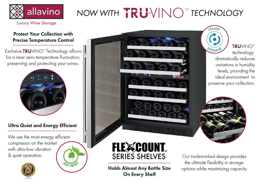 Allavino 24" Wide FlexCount II Tru-Vino 56 Bottle Dual Zone Stainless Steel Left Hinge Wine Refrigerator